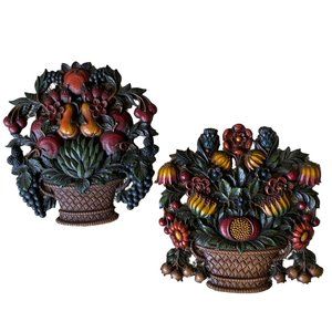 Vintage Syroco Pair Of Fruit Basket Wall Hangings Decor 1966 Wood Style